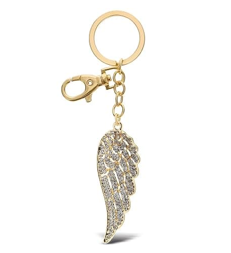 Aqua79 Angel Wing Keychain - Gold 3D Sparkling Charm Rhinestones Fashionable Stylish Metal Alloy Durable Key Ring Bling Crystal Jewelry Accessory With Clasp - Image 1