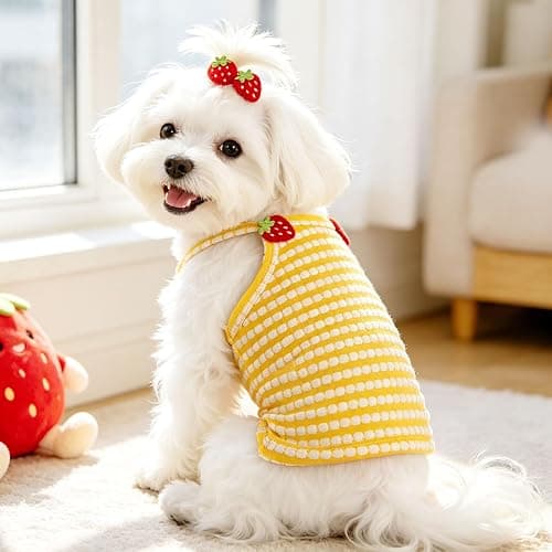 UETZLTB 2 Pack Dog Shirts for Small Dogs Cute Girl Dog Clothes Strawberry Stripe & Polka Dot Puppy Tshirt Summer Sleeveless Pet Tank Top Breathable Doggy Outfits Cat Chihuahua Yorkie Shih Tzu Clothes thumbnail 2