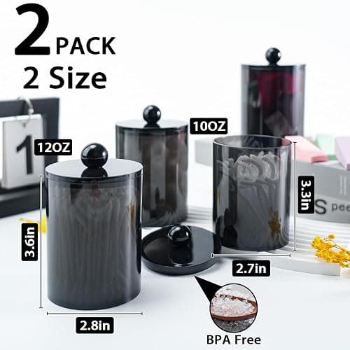 XIPENGKEJI 2 Pack Qtip Holder,Canister Apothecary Jar Set, Bathroom Jars with Lids Set for Cotton Swabs, Balls, Pads, Floss Picks,10oz-12oz Plastic Canisters Restroom Bedroom Vanity Organizer(Black) thumbnail 3