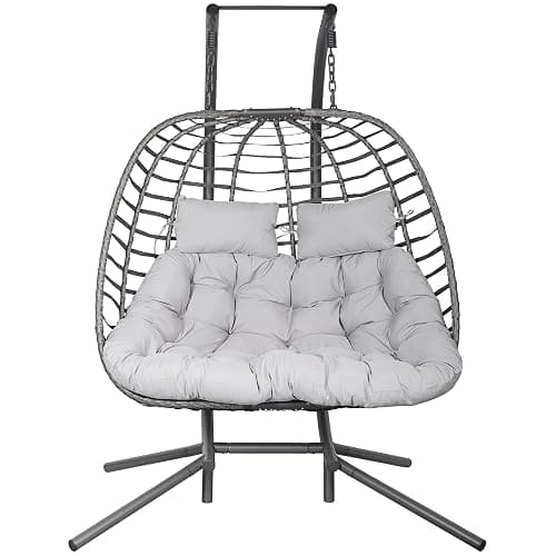 Double Hanging Egg Chair wth Stand, Patio Hammock Swing Chair with Cushion Loveseat for Bedroom, Balcony, Garden, Indoor, Outdoor thumbnail 10