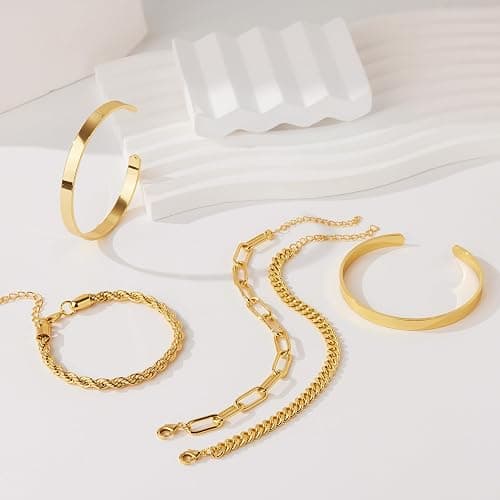 Gokeey Christmas Gold Bracelets for Women Non Tarnish, 14K Gold Plated Chunky Cuff Bracelet Stackable Gold Bangles Bracelet for Women Trendy Tie Knot Cuban Rope Paperclip Beaded Bracelet Stack Jewelry Stocking Stuffer Gifts Fashion Accessories thumbnail 6