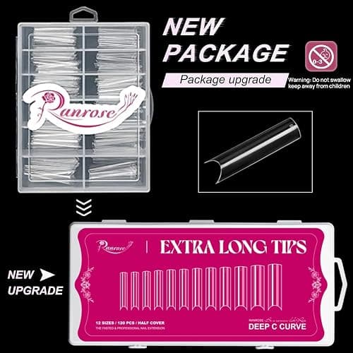 Ranrose XXL Extra Long Nail Tips, Half Cover Deep C Curve, 120PCS, 12 Sizes | XXL tapered square nail tips with deep C curve design, easy to shape and customize for nail tips DIY and nail extensions thumbnail 2