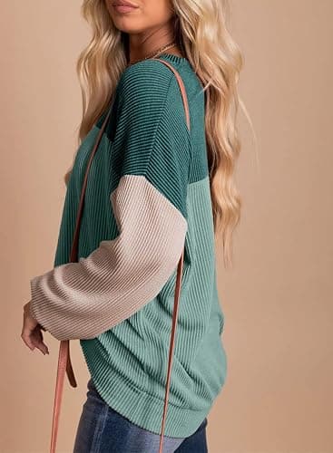 Dokotoo Womens Tops Fashion 2025 Color Block Long Sleeve Shirts Crewneck Knitted Casual Loose Pullover Blouses thumbnail 3