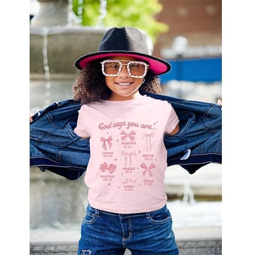 KEEVICI Cute Girls Bow God Shirt Christian Graphic Tees Jesus Shirts for Kids Bible Verse Inspirational Religious T Shirts thumbnail 3