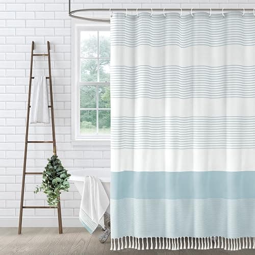 XOGUIBO Aqua Blue Shower Curtain Cotton Coastal Ocean Striped Shower Curtains for Bathroom with Tassel 72 X 72 - Image 1