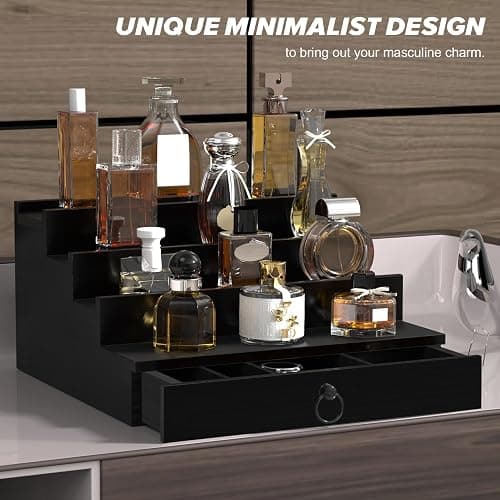 upcessory Cologne Organizer for Men, 4 Tier Black Wood Perfume Organizer with Felt Lining Drawer and Hidden Compartment, Perfume Display Holder, A Gift for Men thumbnail 9