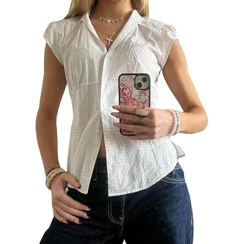 Plaid Button Down Shirt Short Cap Sleeve V Neck Casual Blouse Tops thumbnail 2