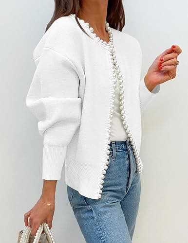 ZESICA Women's Open Front Cardigan Sweater 2026 Fall Casual Knitted Long Sleeve Pearls Trim Outerwear Coat Trendy Clothes thumbnail 4