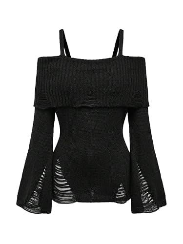 SOLY HUX Women's Cold Shoulder Ripped Sweater Goth Punk Long Sleeve Fitted Jumper Pullovers - Image 1