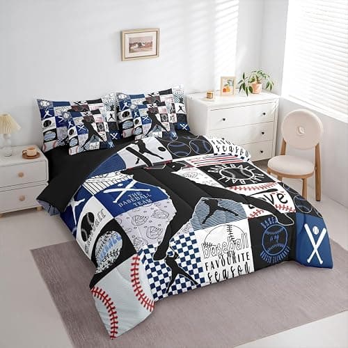 Sports Comforter Set 7-Piece Bed in a Bag Twin Bedding Sets for Boys,Geometric Grid Black Patchwork Baseball Bedding Sets Ball Player Games Comforter and Sheet Set,European Sport Softball Bed Set,Blue thumbnail 4