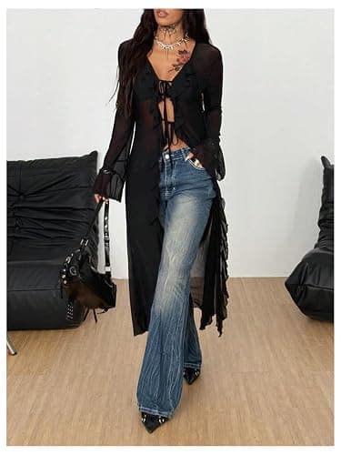 SweatyRocks Women's Sheer Mesh Y2K Tie Front Tops Bell Sleeve See Through Going Out Tops Party Outfits thumbnail 5