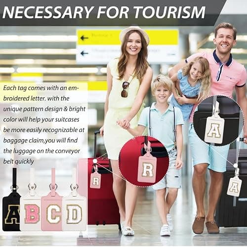 Personalized Initial Luggage Tags for Suitcases, Leather Chenille Letter Cute Luggage Tags with Privacy Name Card, Embroidered Travel Bag Backpack Tag Gifts for Women Kids Girls Teens(Pink-M) thumbnail 5