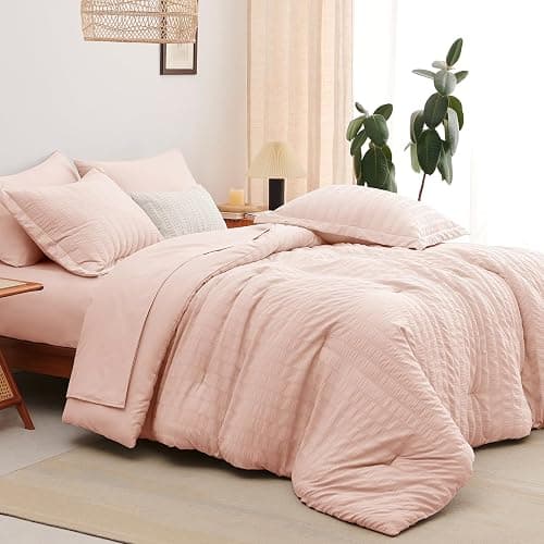 CozyLux King Size Comforter Set Blush Pink Seersucker 7 Pieces Bed in a Bag King Comforter Set with Sheets, Luxury Bedding Set with Down Alternative Comforter, Sheets, Pillowcases & Shams All Seasons thumbnail 7