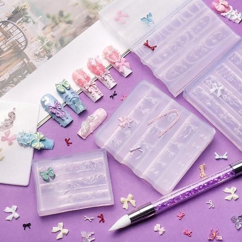 Laza 4pcs Bowknot Silicone Nail Art Molds, 3D Multiple Shapes Ribbon Lace Bows Charms Silicone Nail Accessories with Carving Pen Resin Nail Art Mold Manicure Tools for Women DIY Manicure Design thumbnail 2