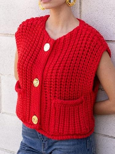 KEOMUD Women's Sleeveless Cropped Knit Cardigan 2025 Casual Button Down Crochet Sweater Vest Tops with Pockets thumbnail 4