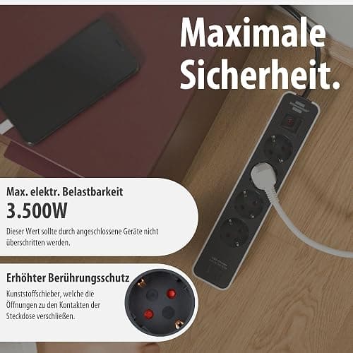 Brennenstuhl Ecolor Steckdosenleiste 4-Fach mit USB-Ladebuchse (Mehrfachsteckdose mit 2X USB C, Schalter und 1,5m Kabel) weiß/schwarz thumbnail 5