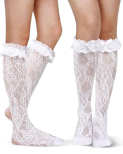 Benefeet Sox Womens Lace Knee High Socks Girls Ruffle Knee Highs Sexy Sheer Trouser Socks Black White Mesh Fishnet Stockings thumbnail 2