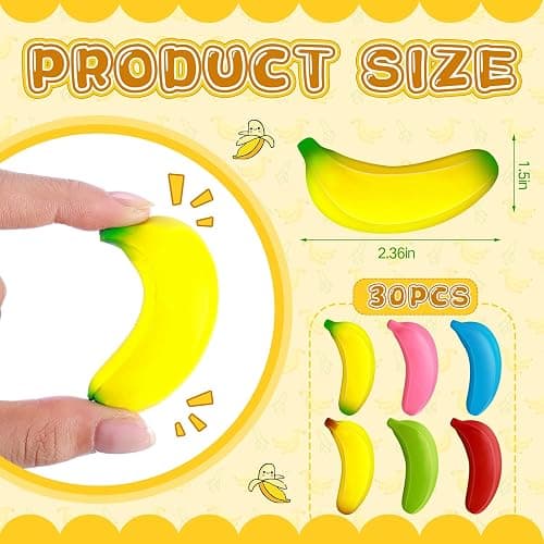 Civaner 30 Pcs Banana Stress Toys Banana Stretchy Toys Stress Relief Balls Back to School Classroom Student Gifts Tiny Party PU Squeeze Balls for Valentine Easter Stocking Stuffers(Multicolor) thumbnail 3