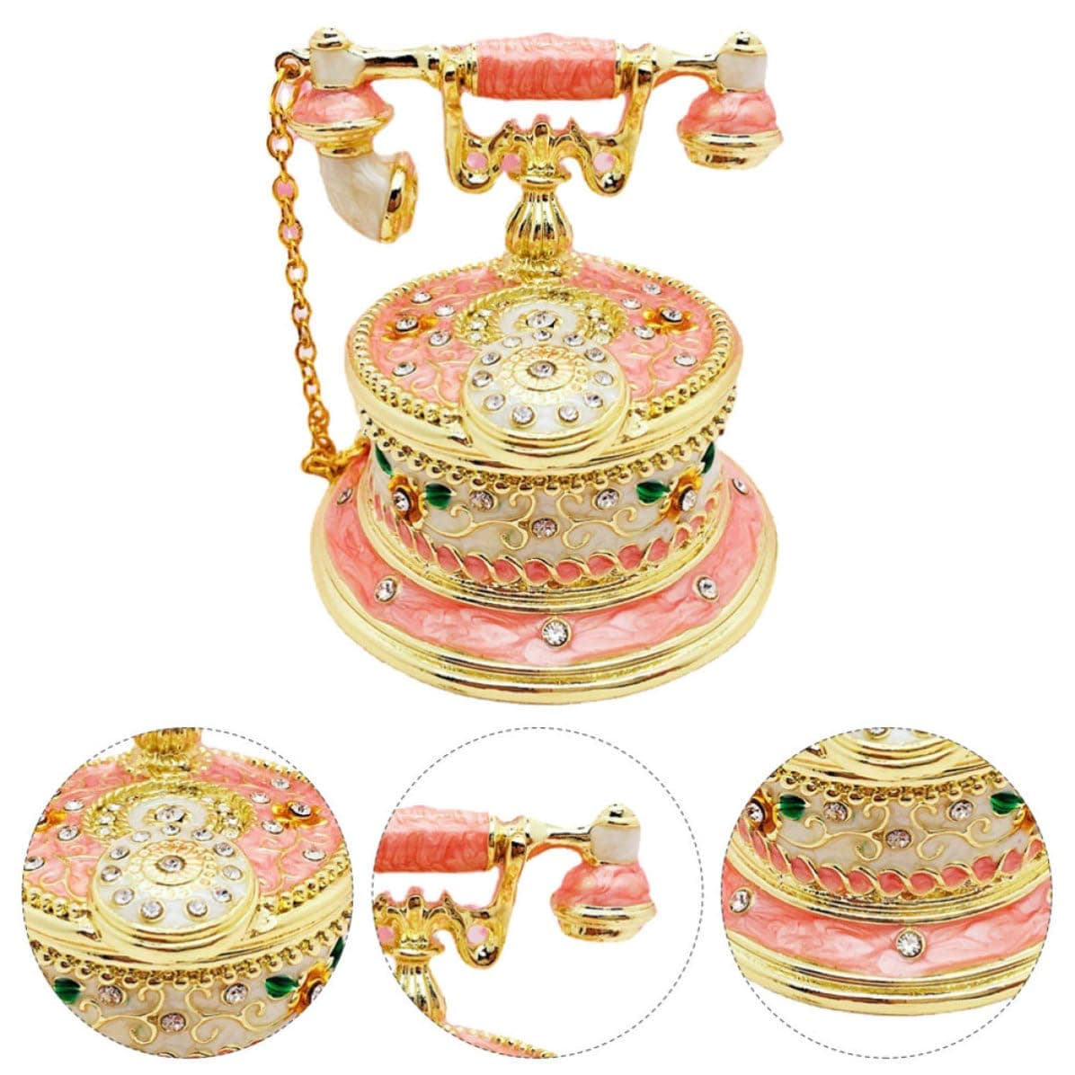 Ipetboom Jewelry Box Pink Telephone Shaped with Alloy Rhinestones Vintage Lightweight Trinket Organizer for Rings, Necklaces and Earrings Table Decor for Home thumbnail 7