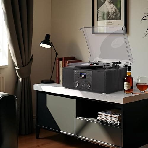 Bluetooth Vinyl Record Player with CD & Internet Radio, 3-Speed Belt-Drive Turntable with USB Recording, AUX/RCA Output, Tone & Remote Control, Vintage Black Vinyl Player for Home Entertainment & Gift thumbnail 9