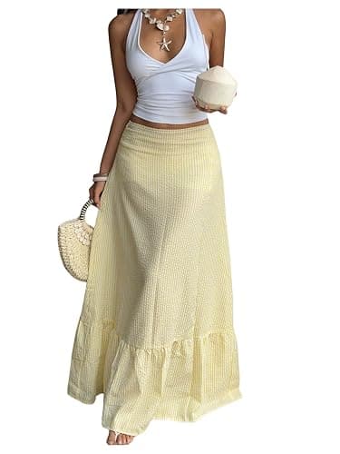 Milumia Women's Striped Ruffle Hem A Line Skirt Mid Waisted Summer Beach Maxi Skirts - Image 1