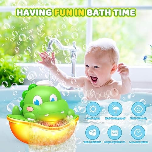 Bath Toys,Light-Up Bath Bubble Machine Automatic Bubble Maker Bathroom Toy for Kids Ages 1-3 4-8 Toddler Bathub Toy Dinosaur Toys for Kids 3-5 - Green thumbnail 2