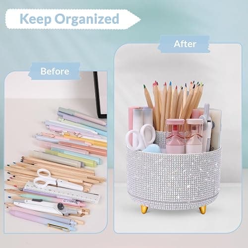 SKYDUE 360 Degree Rotating Desk Organizer, Shining Dual-Purpose Rhinestone Pencil Pen Holder, Rotating Desk Pen Organizer with 5 Slots, Rhinestone Pencil Cup for Office, School, Home thumbnail 5
