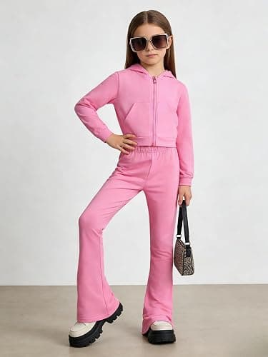 Lianpyxa Teen Girls Clothes 2 Piece Spring Outfits Fashion Letter Print Hooded Zip Up Top Flare Pants Set for 7-14T thumbnail 6