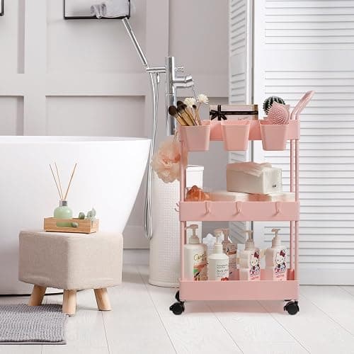danpinera 3-Tier storage trolley, storage trolley on wheels, beauty trolley with Dividers & Hooks & Hanging Cups, kitchen trolley, storage cart for Kitchen, Make-Up, Bathroom, Office, Pink thumbnail 2