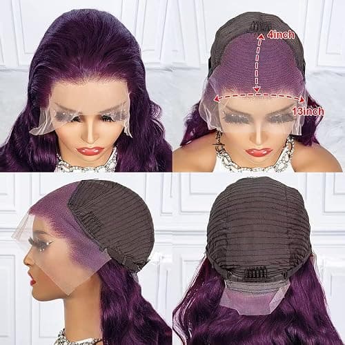 Dark Burgundy 13x4 Body Wave Lace Front Wig Human Hair 180% Density Deep Smokey Purple Body Wave Wigs for Women HD Transparent Lace Front Wigs Glueless Human Hair Pre Plucked with Baby Hair 20 inch thumbnail 6