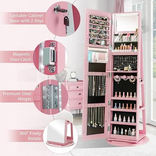 CHARMAID 360° Swivel Jewelry Armoire with Full Length Mirror, Rear Storage Shelves, Lockable Standing Jewelry Cabinet Organizer with Interior Vanity Mirror and 3-Color Lights (Pink) - Pink thumbnail 7