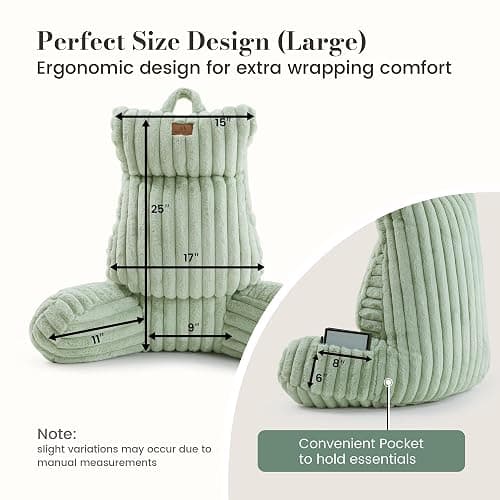 Amélie Home Faux Fur Reading Pillow with Pocket for Sitting in Bed, Adult Backrest Bed Pillow with Washable Cover for Lounging, Study & Relaxing, Sage Green 25 inches thumbnail 5