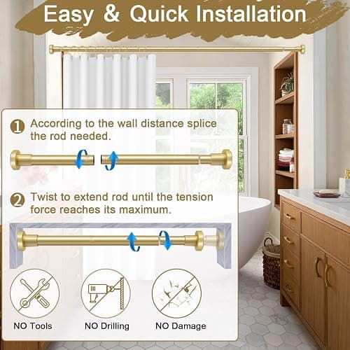 YNL Gold Shower Curtain Rod 32-80 Inch(2.7-6.6ft), Non Slip, Never Rust, No Drill Stainless Steel Spring Tension Shower Rod, Adjustable Tension Rod for Bathroom thumbnail 7
