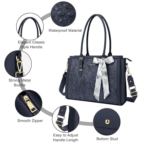 MOSISO Laptop Bag for Women, 17-17.3 inch PU Leather Tote Bag Compatible with MacBook, HP, Dell, Asus Notebook, Front Embossed Retro Hibiscus Computer Bags with Silk Scarf&Clutch Purse, Haze Blue thumbnail 5