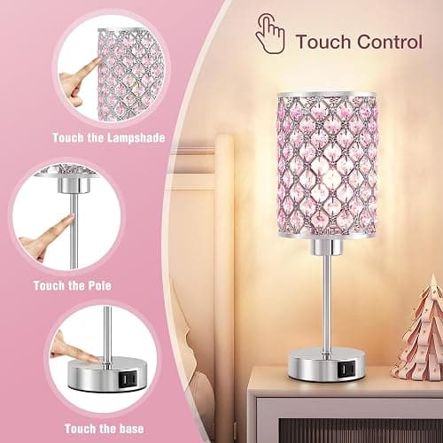 GyroVu Crystal Table Lamp, Pink Touch Lamp with USB C+A Ports, 3 Way Dimmable Lamp with Crystal Shade, Bedside Lamp Small Lamp for Girl Bedroom, Living Room(Buld Included) thumbnail 5