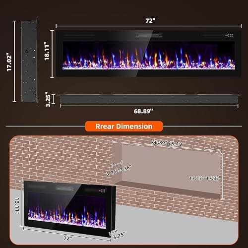 Zionheat 72 inch Wide Screen Electric Fireplace-Wall Fireplace for Living Room-Fireplace Inserts/Wall Mounted with Remote Control, Timer, Dimmer, 12 Flame Colors, 750/1500W thumbnail 2