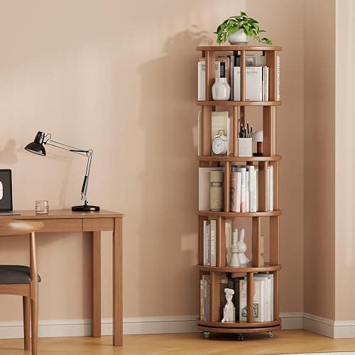 Muwuele Solid Wood Rotating Bookshelf on Wheels, 5 Tier, Round Revolving Bookcase, 360° Spinning Book Shelf Tower for Kids, Narrow Rolling Bookshelves for Small Space, Corner, Bedroom, Office, Walnut thumbnail 9