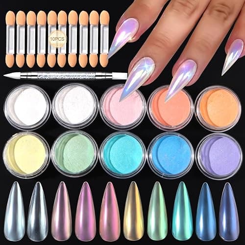 SUTOZMIWE 10 Colors Mermaid Pearl Chrome Nail Powder, Iridescent Aurora Powder Metallic Mirror Effect Pigment Pearlescent Nail Art Glitter Dust Kit for Gel Polish Nail Art Decoration - Image 1