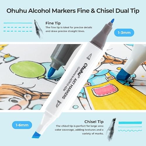 Ohuhu Alcohol Markers 80 Colors for Beginners Chisel& Fine for Coloring | Dual Tips Alcohol-based Art Marker Set with Blender for Adults Artists Drawing Illustration Sketching, Great Value Pack thumbnail 2