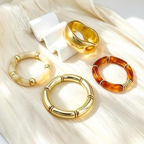 FUNOJOY Gold Open Cuff Bracelet with 3 Elastic Resin Bangles for Women – Stackable Statement Jewelry Set, Comfortable Fit, Gift for Her thumbnail 5