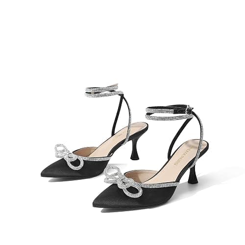 DREAM PAIRS Kitten Heels Rhinestone Bow Ankle Strap Stiletto Pointed Closed Toe Heels for Women Pumps Wedding Bridal Party Dress Shoes - Image 1