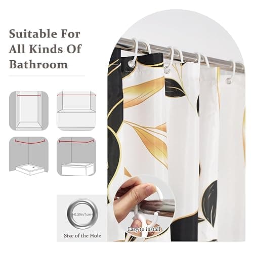 Yanutan Black Flower Shower Curtain, Black Dark Floral Gold Leaves Shower Curtain Set for Bathroom, Natural Plants Fabric Bath Curtain with Hooks, 72x72in thumbnail 4