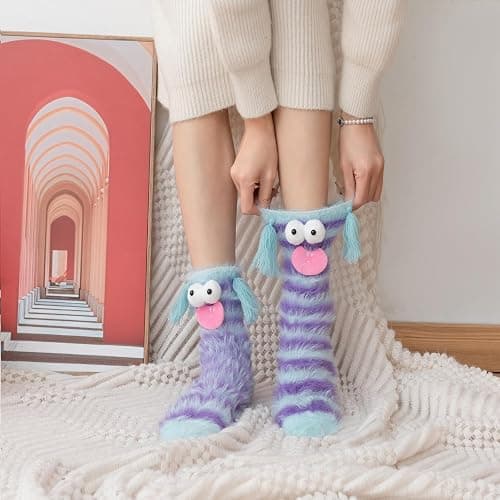 Kephay Coral Velvet Cartoon Monster Funny Socks for Women & Girls, 3D Novelty Face Winter Warm Thick Socks thumbnail 3