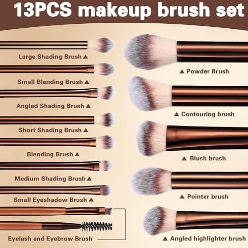 13 Pcs Makeup Brushes Set Professional Makeup Brush Set Premium Synthetic Foundation Eye Shadows Blush Powder Concealers Make Up Brushes For Women (Coffee) thumbnail 5