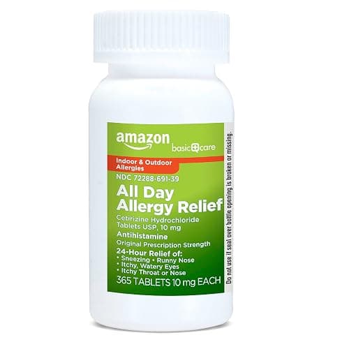 Amazon Basic Care All Day Allergy, Cetirizine Hydrochloride Tablets, 10 mg, 24-Hour Relief for Sneezing, Runny Nose, Itchy Eyes & Throat, Indoor & Outdoor Allergy Relief, 365 Count thumbnail 6