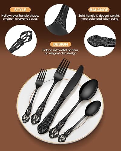 EUIRIO 40 Pieces Black Silverware Set, Royal Retro Flatware Set for 8, Stainless Steel Cutlery Set with Luxury Forks Spoons and Knives, Utensils Set Mirror Polished, Dishwasher Safe thumbnail 3