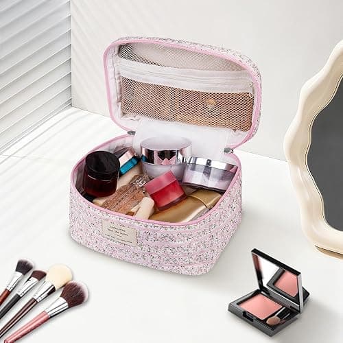 Gosect Large Makeup Bag, Cute Cosmetic Bag for Women Girls, Floral Coquette Aesthetic Toiletry Bag, Travel Make Up Organizer Bag(Small Pink Floral thumbnail 2