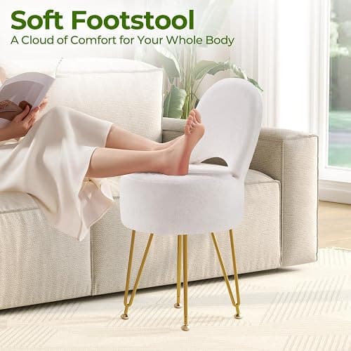 Rolanstar Velvet Vanity Chair with Hidden Storage – Foldable Backrest Converts to Footstool – Comfortable Makeup Stool for Bedroom or Dressing Table (White, Small) thumbnail 4
