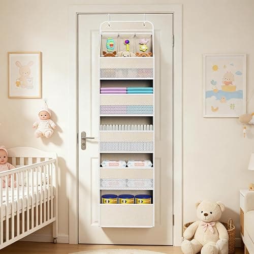 Univivi 6-Shelf Over Door Hanging Organizer Fabric Baby Door Storage with 5 Extra Large Capacity Pockets Behind the Door Hanging Storage Organizers Easy Install Door Storage for Baby Essential (Beige) thumbnail 2