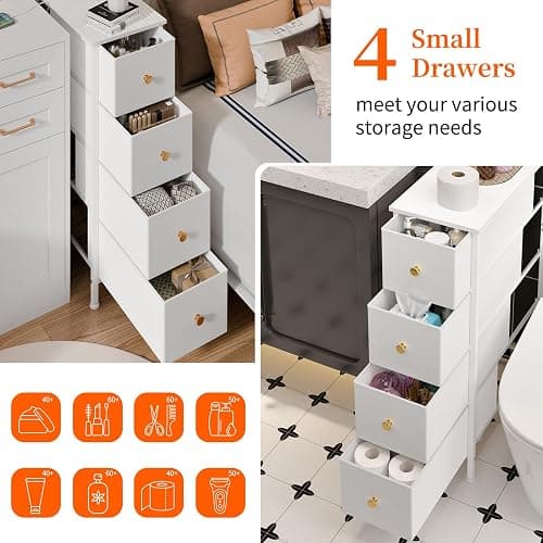 Fixwal Narrow Storage Cabinet, Slim Dresser with 4 Fabric Drawers, White | 9.5in width, sturdy & stable structure, solid steel frame, wooden top, suitable for bedroom, bathroom & laundry room thumbnail 7